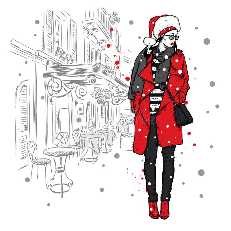 Beautiful girl in a stylish winter coat and Santa Claus hat. Vector illustration. Christmas and New Year.