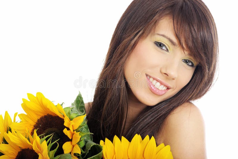 Beautiful girl with sunflowers on white background