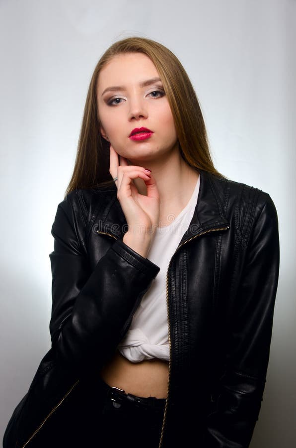 Beautiful Girl in a T-shirt in the Studio Stock Photo - Image of office ...