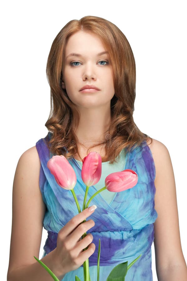 Beautiful girl with three tulips