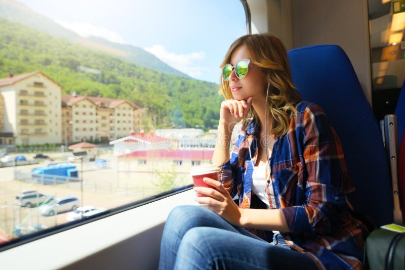 Beautiful Girl Travelling On Train. Rosa Khutor