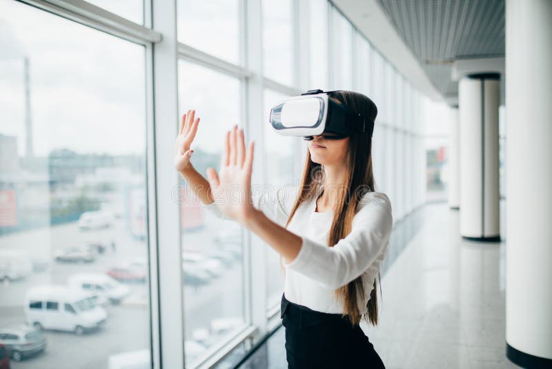 Girl Wearing Virtual Reality Goggles. Stock Photo - Image 