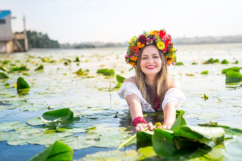 Beautiful Girl With Water Lily Standing In Water Stock Image Image Of