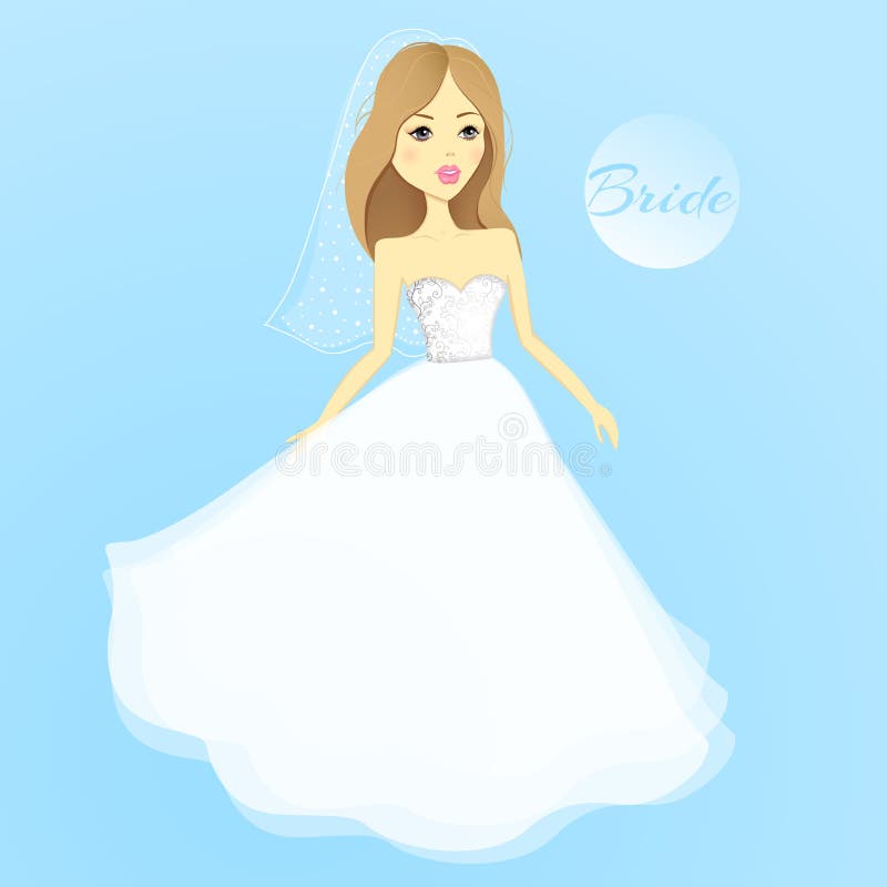 Beautiful Girl in a Wedding Dress. Vector Cartoon Bride Stock
