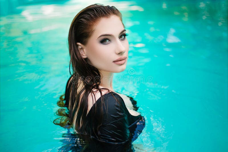 Beautiful Girl With Wet Hair In A Blue Pool Rest At Home Stock Image Image Of Pool Female