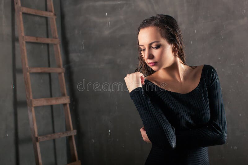 Beautiful Girl Wet In The Rain On A Dark Background And The Ladder Stock Image Image Of Shower