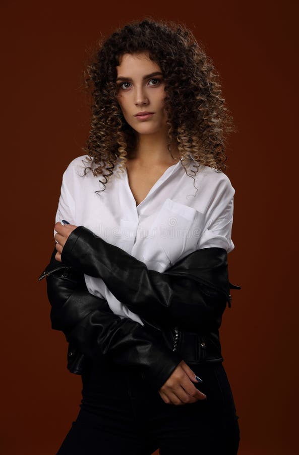 Beautiful Girl in White Blouse and Black Leather Jacket Stock Image ...