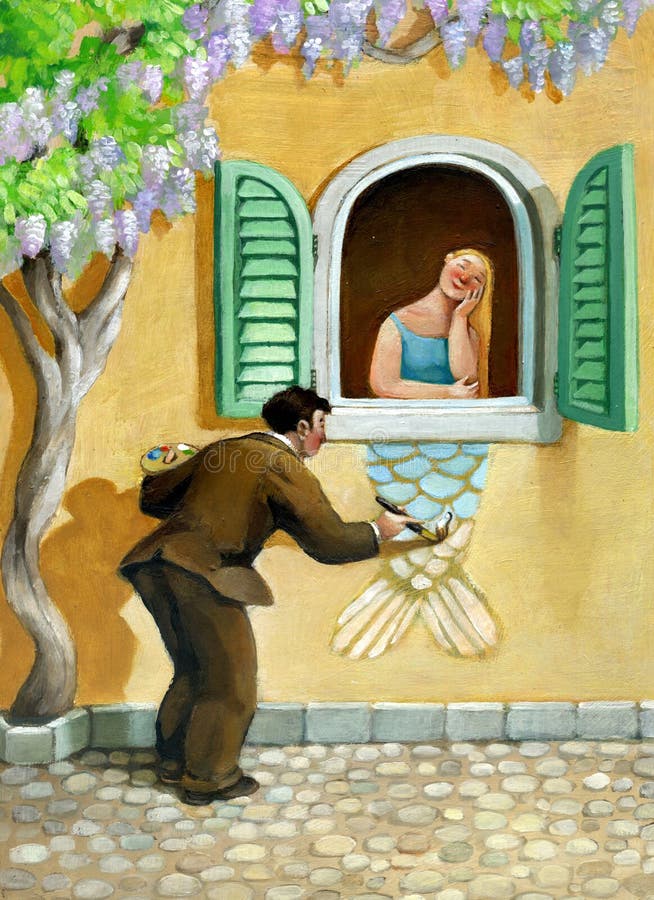 A beautiful girl in the window under a wisteria, her boyfriend paints on the wall the tail of a mermaid to make it seem that