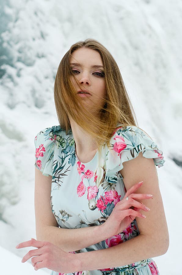 Beautiful Girl In Winter In A Dress And At The Waterfall Stock Image Image Of Nature Skirt