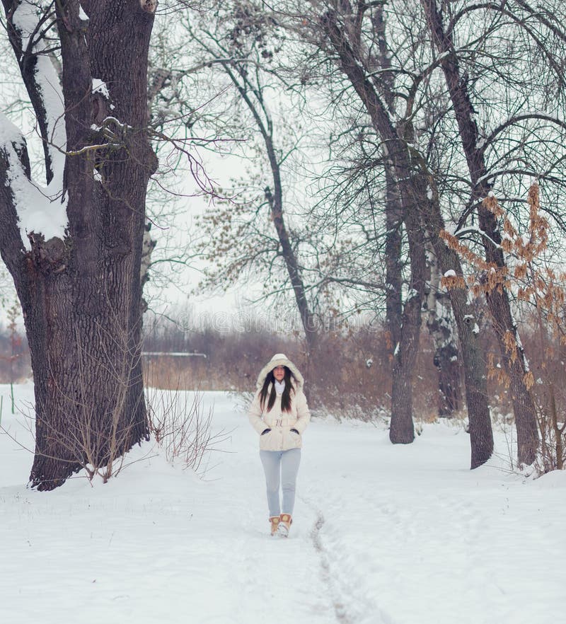 Beautiful Girl in the Winter Forest Stock Photo - Image of enjoying ...