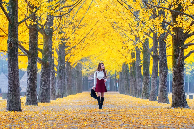 Beautiful Girl with Yellow Leaves in Nami Island, Korea