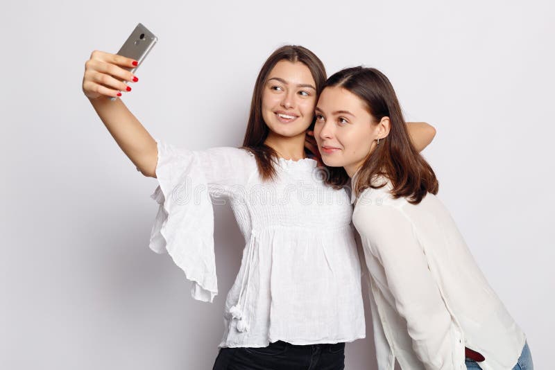 Beautiful Girlfriends Taking A Self Shot With Phone Stock Image Image Of Happy Journey 180055109 