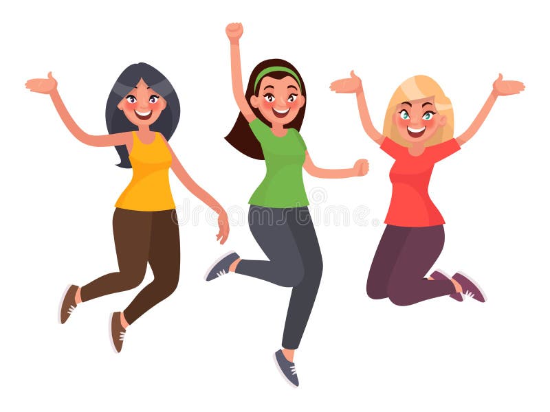 Beautiful girls are jumping with happiness. Women`s joy. Vector