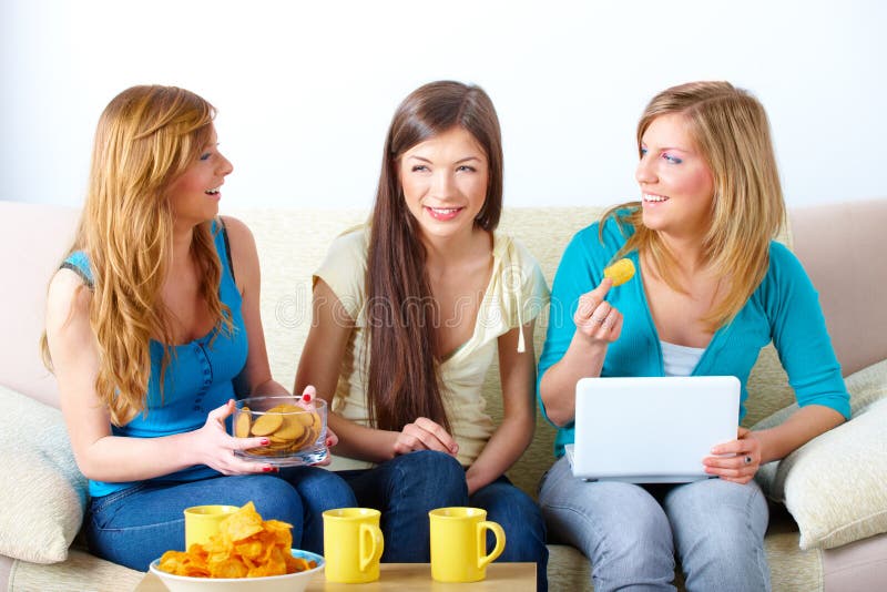 Beautiful girls meeting stock photo