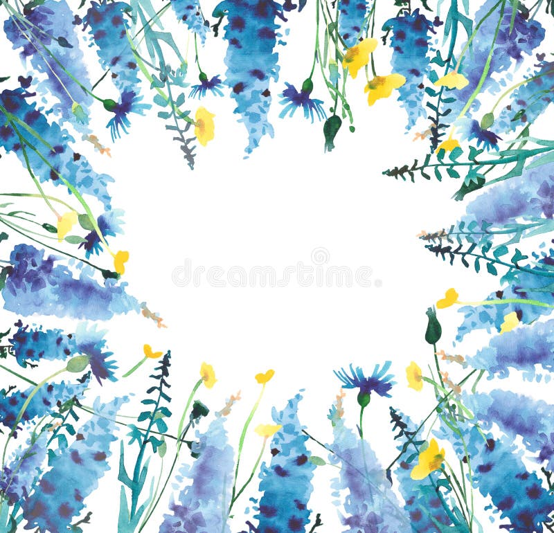 Beautiful gorgeous sophisticated colorful bright floral spring colorful delphiniums lupins and cornflowers frame with buds pattern