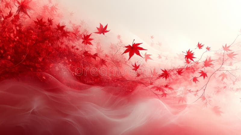 A beautiful gradient with red maple leaves floating in the wind. A smooth gradient background transitioning from red to white, with soft maple leaf patterns scattered across, creating a peaceful and serene scene.. Generative AI