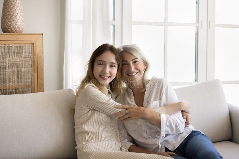 Beautiful Grandma And Teenager Granddaughter Posing At Home Stock Image Image Of Mature