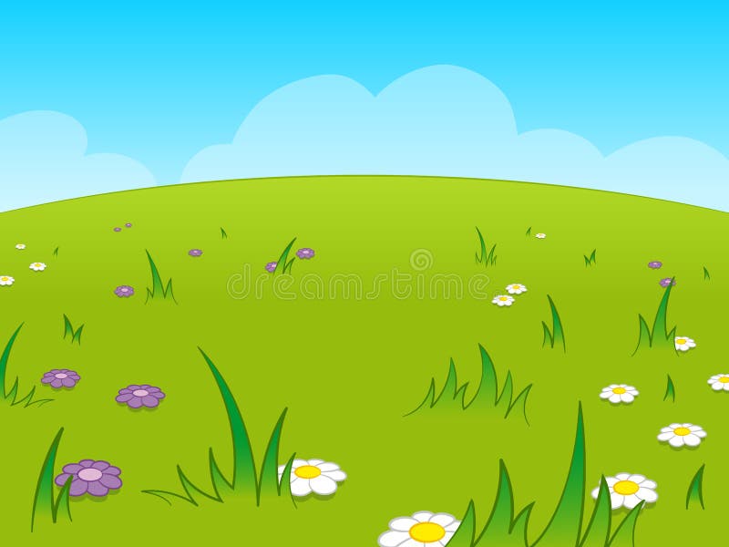 Bellissimo prato verde con fiori su di esso contro il cielo blu cartone animato sfondo.