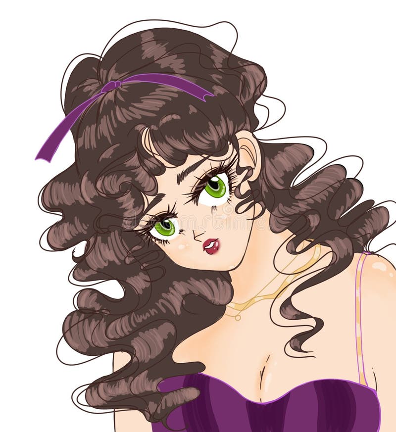 Beautiful Green-eyed Girl with Curly Hair in 80s Anime Style Stock Image -  Illustration of pink, style: 224894549