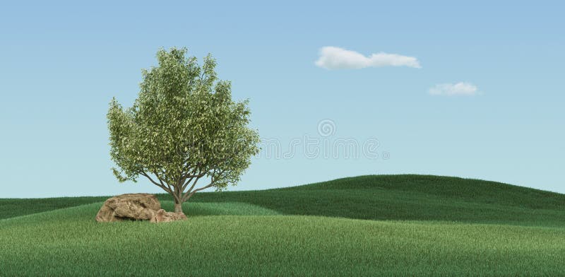 Beautiful green grass land under clear bright sky with rock, foliage and single tree for header images, 3d Rendering