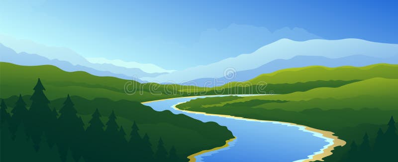 Flowing river through grassy green hills and mountains background