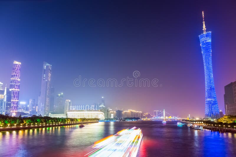 Beautiful guangzhou pearl river at night stock photography
