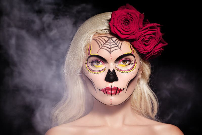 Beautiful Halloween Make-Up. Blond Model Wear Sugar Skull Makeup with ...