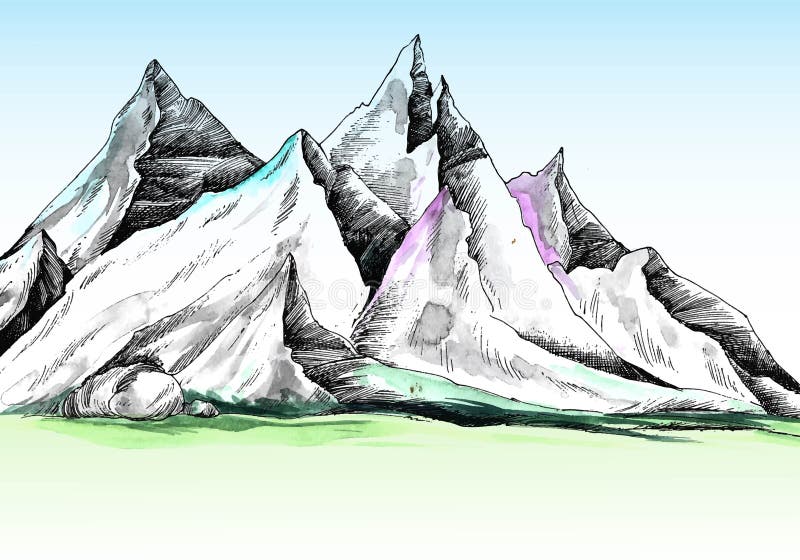 Beautiful hand draw landscape with mountain sketch colorful background vector illustration