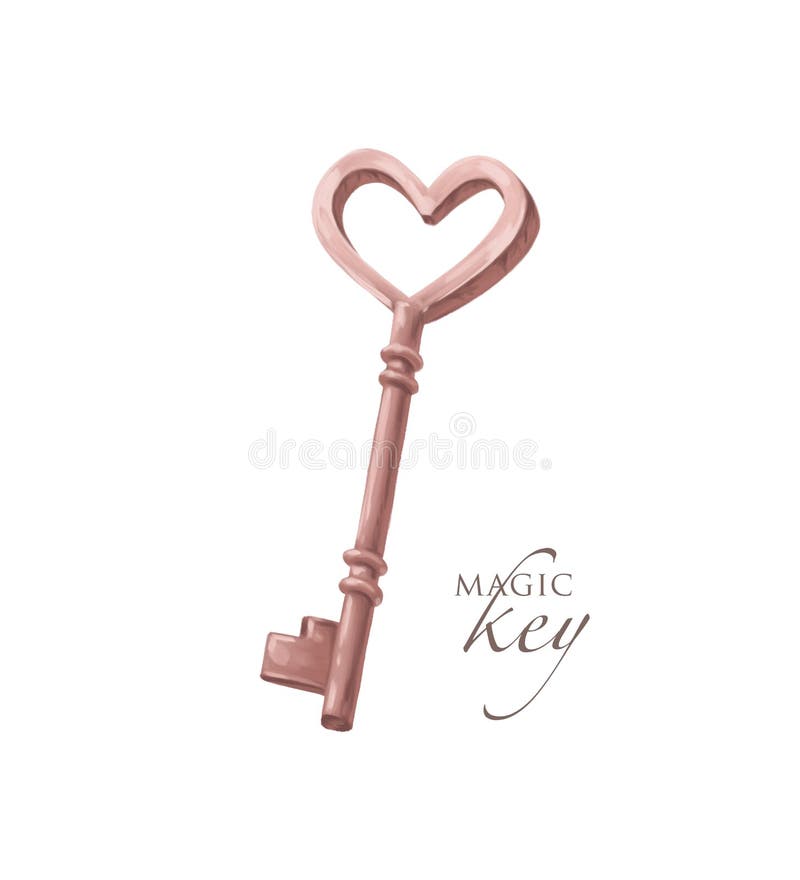 Beautiful hand drawn illustration with old vintage key heart shaped isolated.
