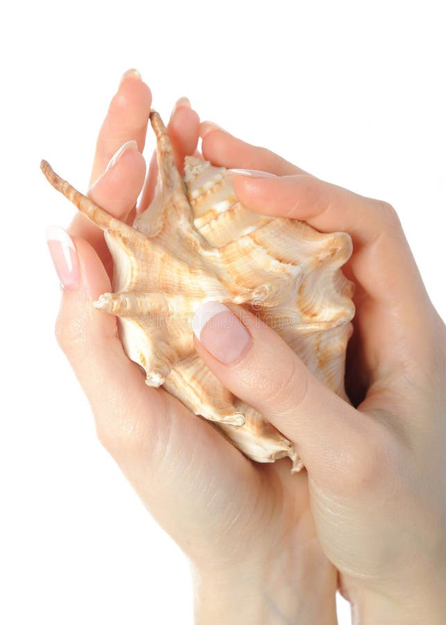 Beautiful hand with french manicure and shell