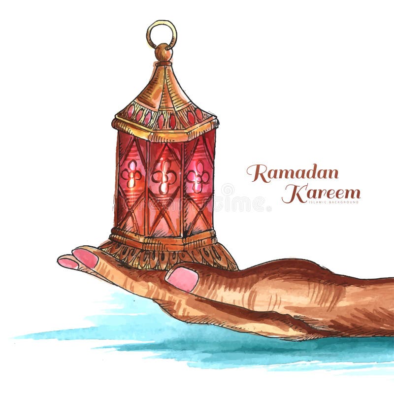 Beautiful hand holding arabic lamp ramadan kareem background stock illustration