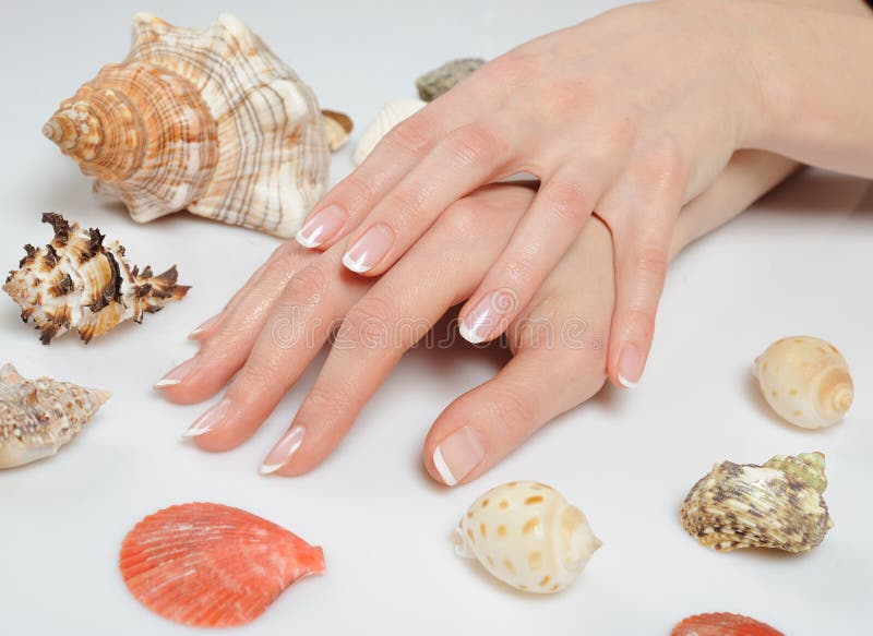 Beautiful hands,spa french manicure,sea shells