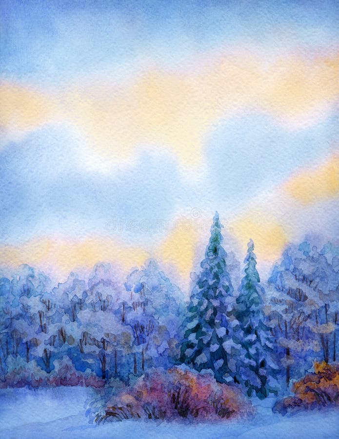 Watercolor background with quiet sunset over winter forest