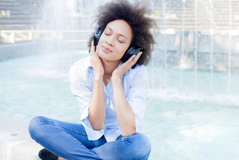 Beautiful Happy Black Young Woman Listening Music Stock Photo   Image