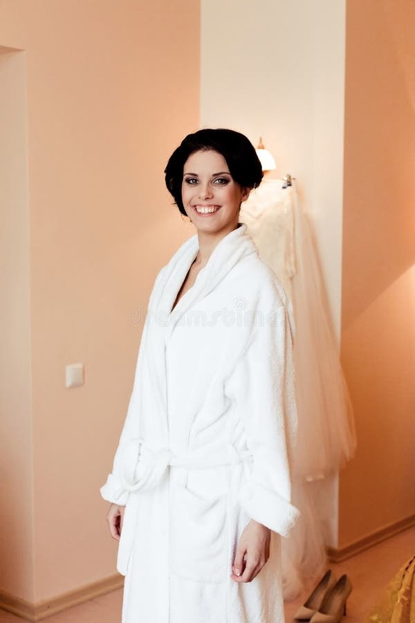 Beautiful Happy Bride In White Silk Lingerie In Her Bedroom Stock Image Image Of Beautiful