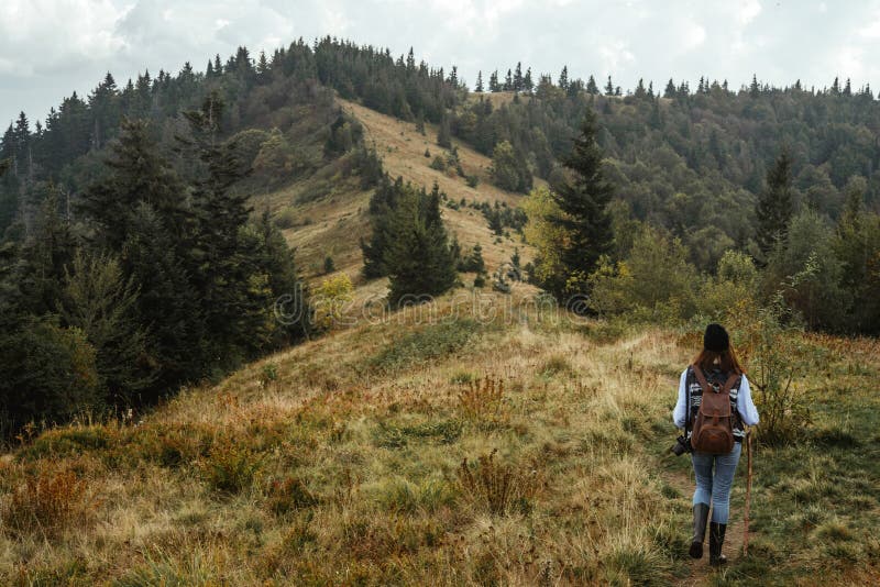 Beautiful Happy Stylish Traveling Girl in the Mountains on a Background ...