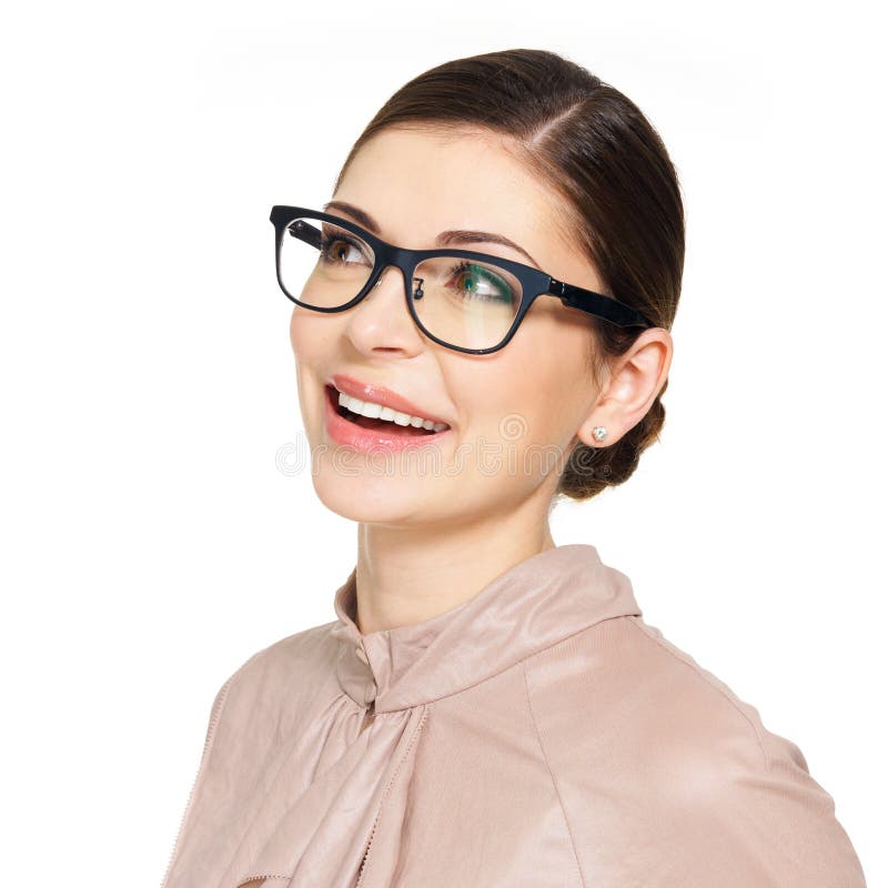 Beautiful Happy Woman In Glasses Looking Up Stock Image
