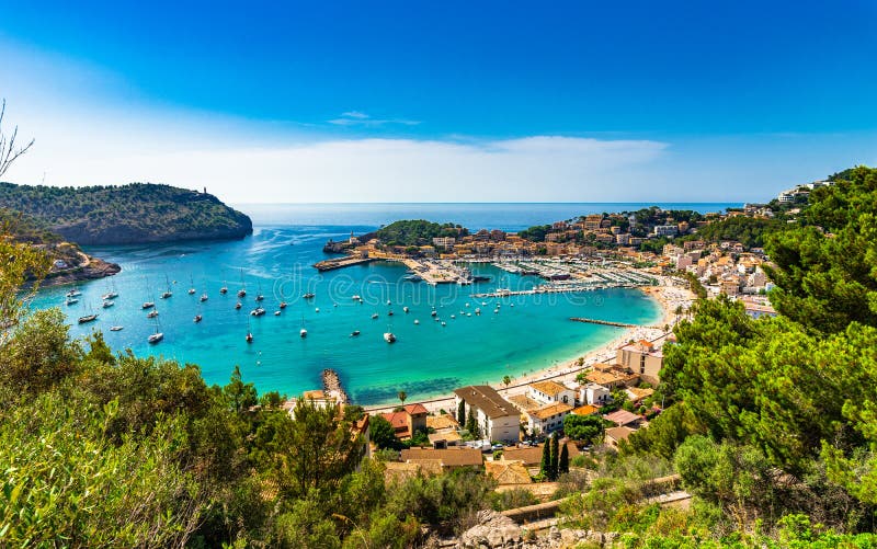 Idyllic view of Port de Soller, beautiful coast bay harbour on Mallorca Spain, Mediterranean Sea, Balearic Islands. Idyllic view of Port de Soller, beautiful coast bay harbour on Mallorca Spain, Mediterranean Sea, Balearic Islands.