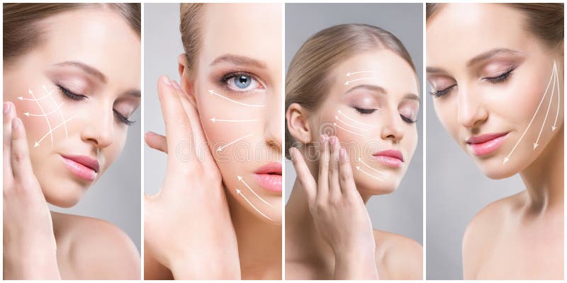 Beautiful, healthy and young female portraits. Collage of different women faces. Face lifting, skincare, plastic surgery royalty free stock photo Beautiful, healthy and young female portraits. Collage of different women faces. Face lifting, skincare, plastic surgery royalty free stock photo