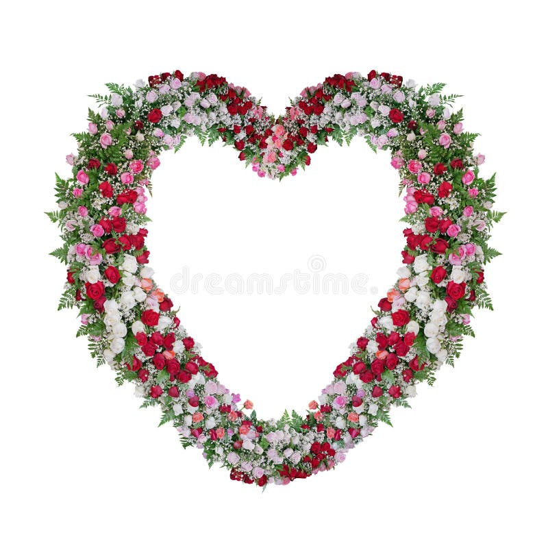 Beautiful heart shaped floral wedding arch with colorful roses flowers and tropical fern leaves, Valentineâ€™s day nature backdrop