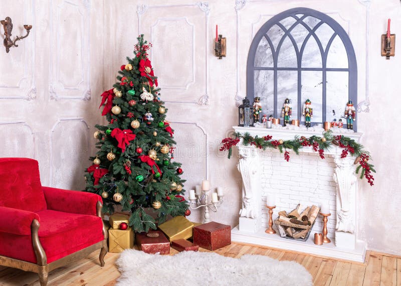 Room, Christmas Tree, Xmas Home Interior Decoration, Toys, Christmas decorations, fireplace, photo zone, Christmas Nutcracker. Room, Christmas Tree, Xmas Home Interior Decoration, Toys, Christmas decorations, fireplace, photo zone, Christmas Nutcracker