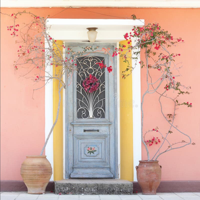 Beautiful homely house door with flowers