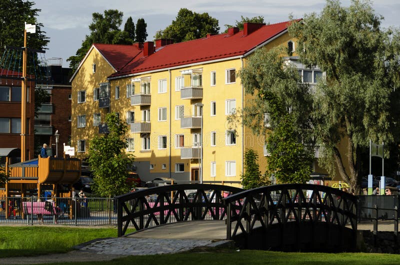 Beautiful house bridge and playground royalty free stock images