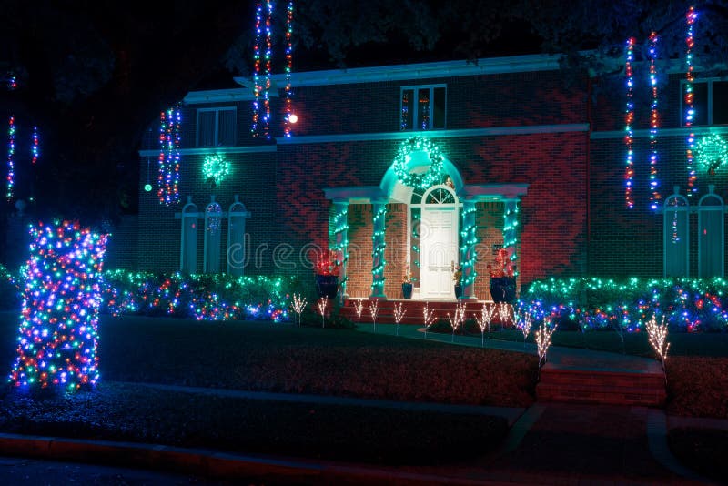 Beautiful house entrance decorated for Christmas. Christmas decor. Winter, Night, Houston, Texas, United States royalty free stock images Beautiful house entrance decorated for Christmas. Christmas decor. Winter, Night, Houston, Texas, United States royalty free stock images