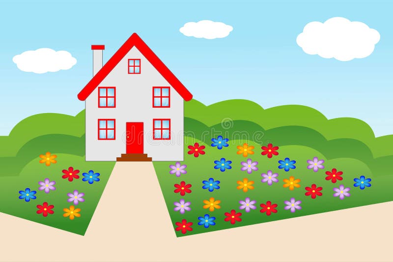 Beautiful House with a Flowering Garden Stock Vector Illustration of