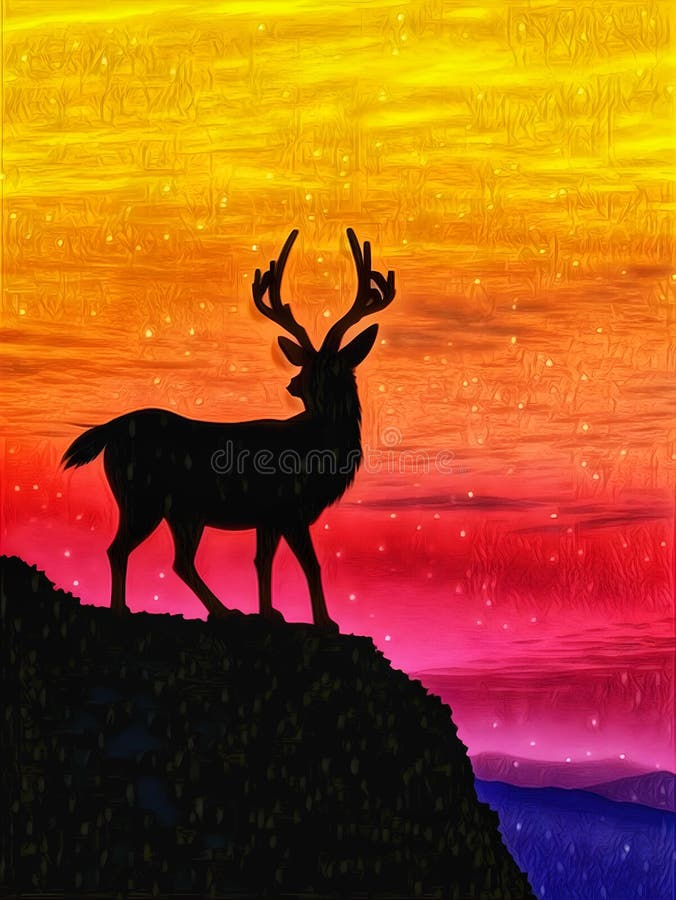 Beautiful illustration of Black Stag with Colorful Background. black deer isolated on a mountain.