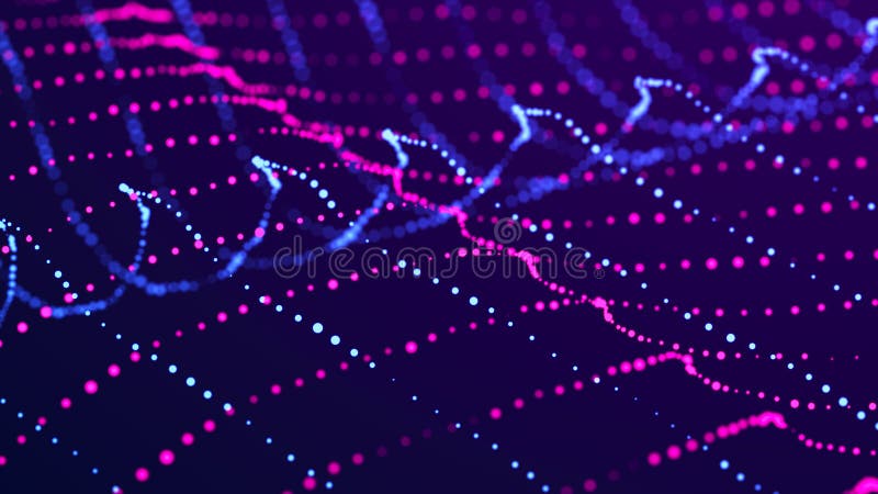 Beautiful illustration with glowing colored dots. Dark abstract background of shining particles. 3D rendering vector illustration