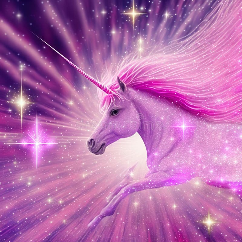 Illustration of ravishing pink unicorn with magical sparkle.