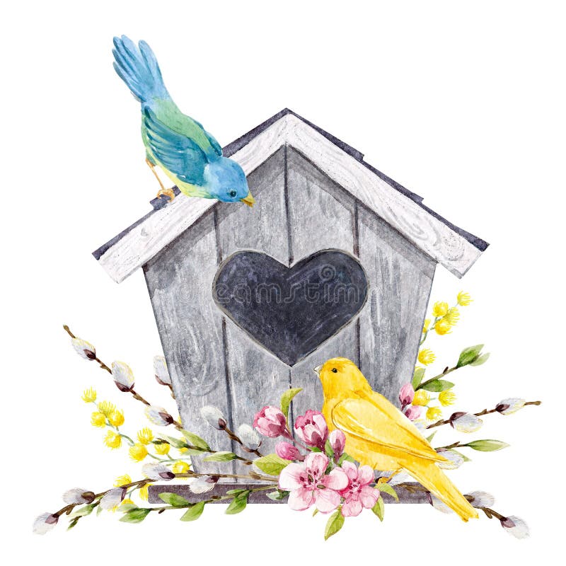 Watercolor birdhouse with birds