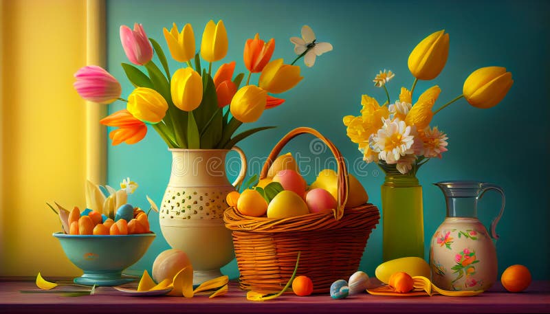 Easter Basket Delight: Tulips, Eggs, and Springtime Blooms - ai generated